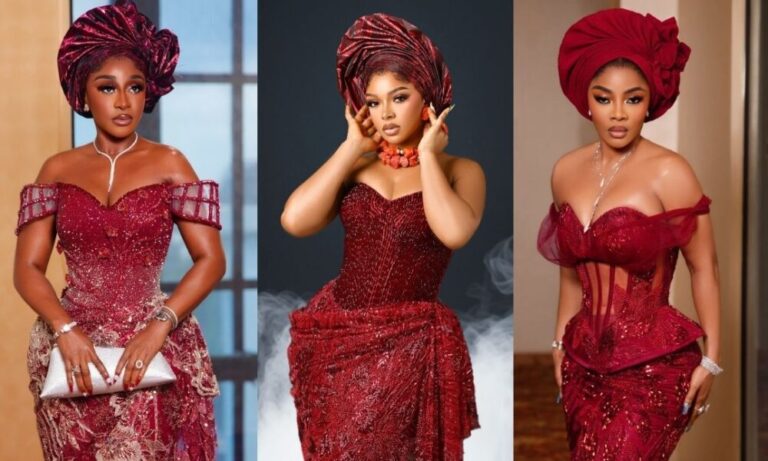 See Ini Edo, Toke Makinwa, Liquorose & More Serve Burgundy Asoebi Perfection at Soso Soberekon’s Wedding