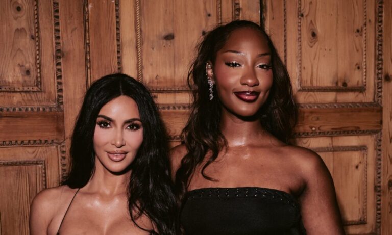 Tems & Kim Kardashian Link Up at SKIMS London Flagship Launch in Sleek Dark Looks